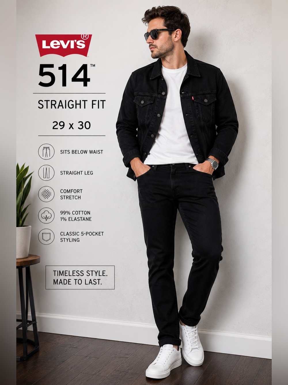 Levi’s 514 Men’s Black Straight Fit Jeans 29x30 Classic Stretch Denim